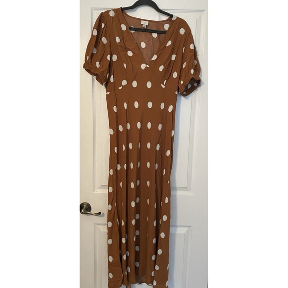 A New Day Women's Maxi Dress Brown Size Large Polka Dots plunge V-Neck Peasant - Picture 4 of 10
